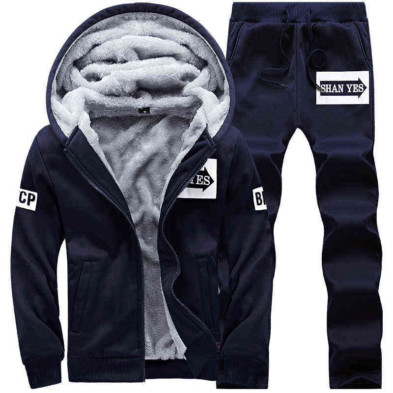 Winter Tracksuit Inner Fleece Hoodies Men Casual Hooded Sweatshirts Thicken Warm Set Mens 2PC Jacket+Pant Moleton Masculino 211220