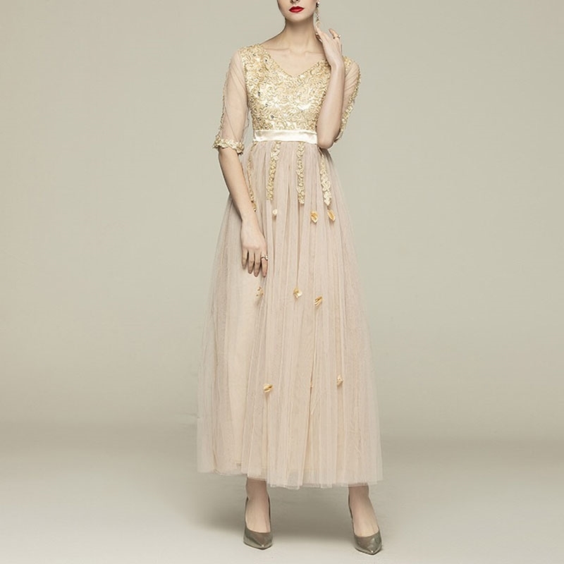 vintage retro high quality mesh embroideried v-neck maxi dress for party casual qaist half sleeve appliques vestidos 210421