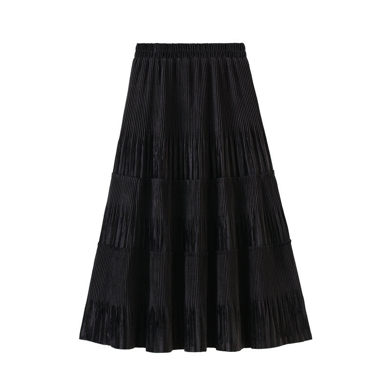 Preppy Style Women Skirts Winter In Golden Velvet Patchwork Ruffles Ruched Elastic Waist A Linen Drape Long 210621