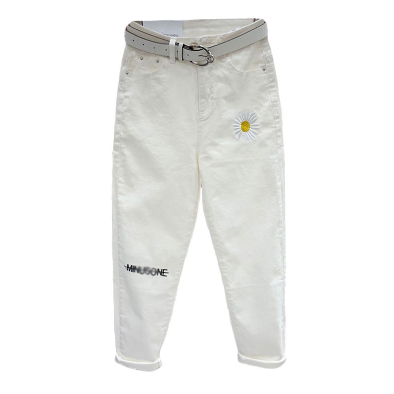 Spring Summer Korea Fashion Women High Waist White Harem Pants Daisy Embroidery Loose Casual Cotton Denim S284 210512