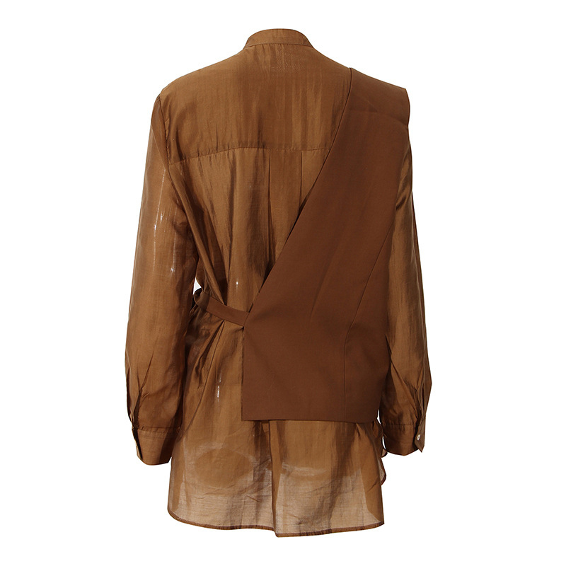 TWOTWINSTYLE Solid Two Piece Set For Women Lapel Long Sleeve Shirt Asymmetrical Lace Up Vest Casual Sets Female Fashion 210517