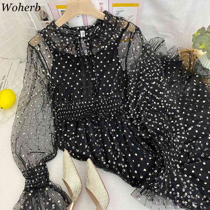 Women Sweet Bling Sequined Patch Lace Mesh Dress Solid Color Ruffle Robe Cute Long Dresses Summer Vestidos 210519