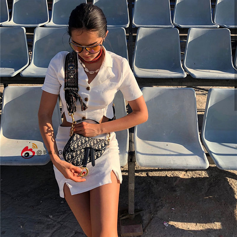 Women spring Summer White Crop Top Shirt Skirt suit 2 Pieces Set Linen Cotton Split Girl Skirts 210510