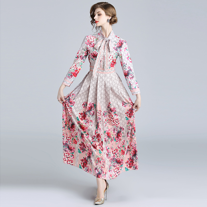 Spring Summer Fall Runway Floral Print Long Dress Ribbon Tie Neck Long Sleeve Women Party Casual Holiday Boho Maxi Dress 210409