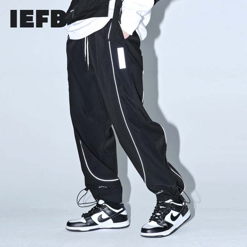 IEFB Men's Reflective Strip Straight Pants Men's Streetwear Fashion Drawstring Leggings Loose Elastic Waist Casual Trousers 4863 210524