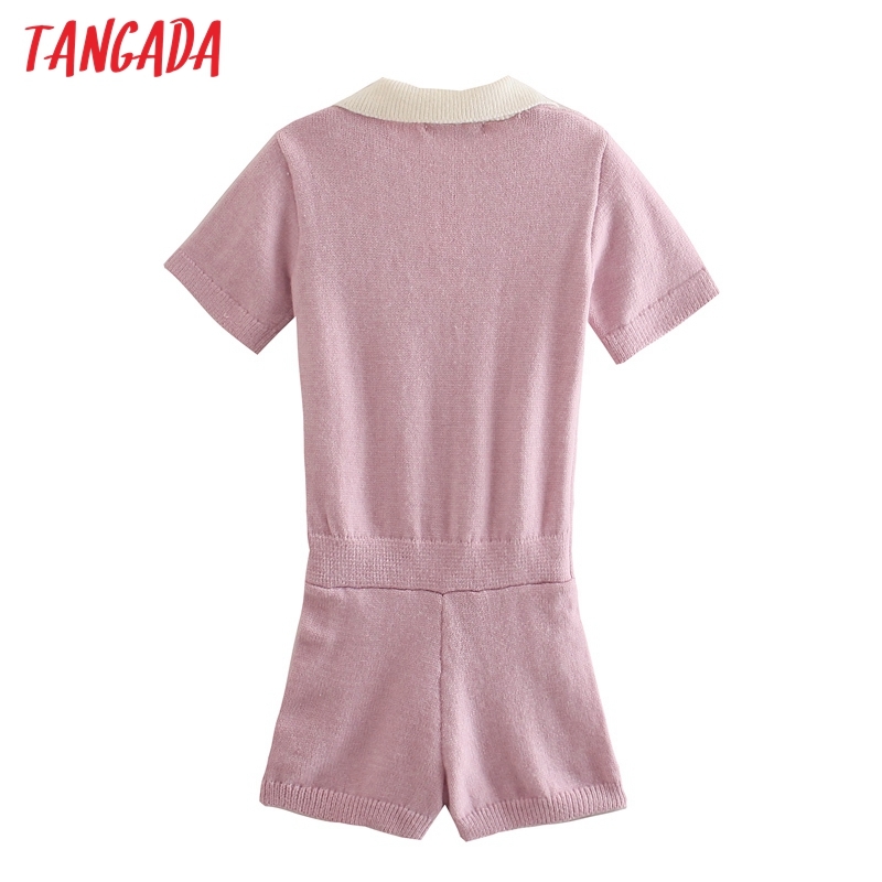 Women Vintage Pink Knit Playsuits Elastic Waist Long Sleeve Rompers Ladies Casual Chic Jumpsuits 3N21 210416