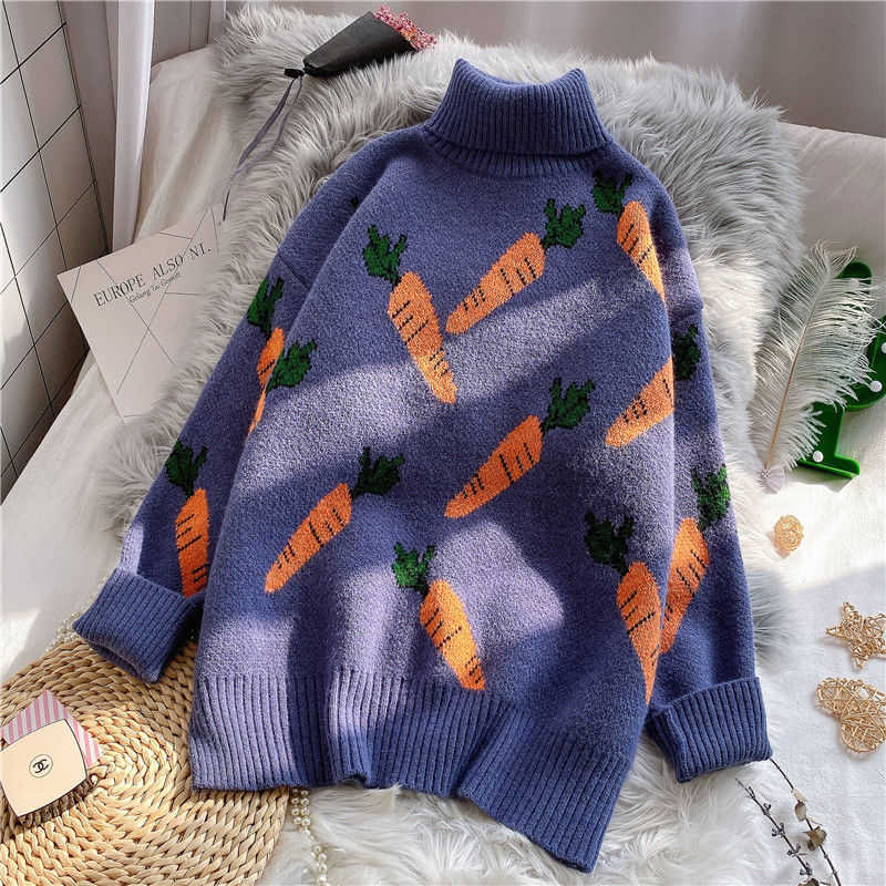 EBAIHUI Knitted Sweater Women Carrot Pattern Long Sleeve Pullover Loose High-necked Blue Yellow Autumn Winter 211011Z