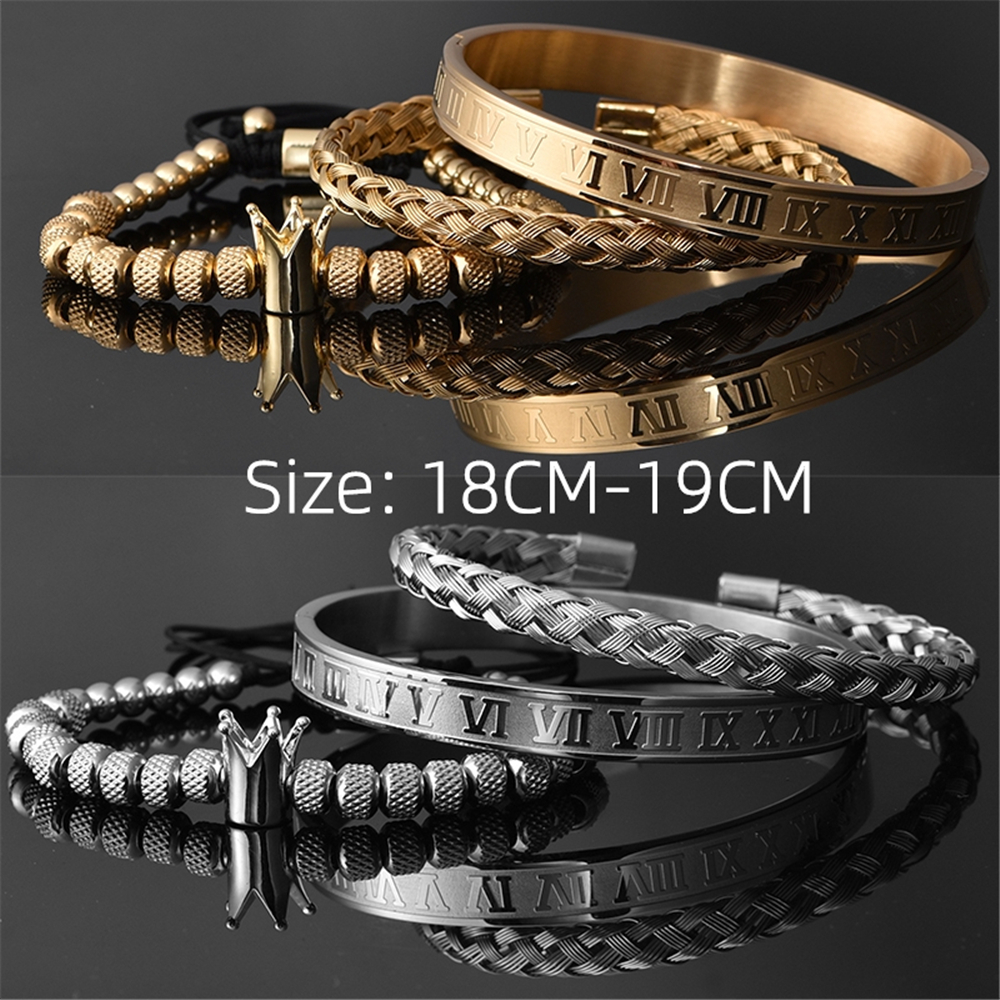 3pcs/set Luxury Roman Royal Crown Charm Bracelet Men Stainless Steel Geometry Pulseiras Open Adjustable Bracelets Couple Jewelry Gift