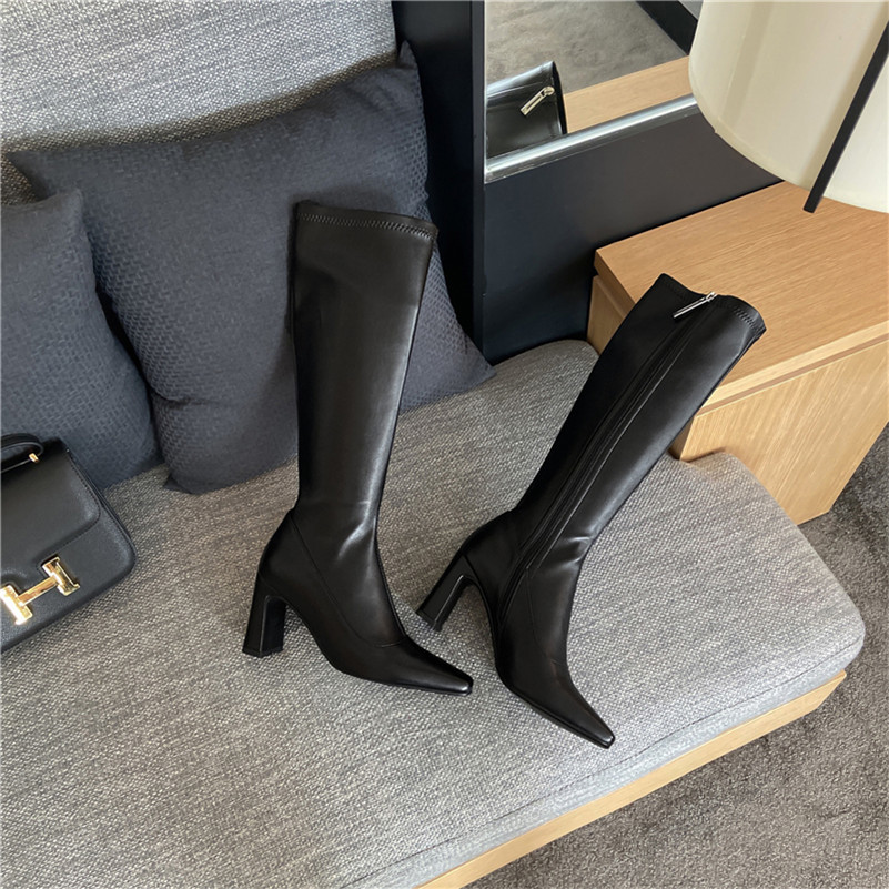 Meotina Genuine Leather High Heel Stretch Boots Women Knee High Boots Shoes Pointed Toe Block Heels Zip Long Boots Beige 33-43 210520