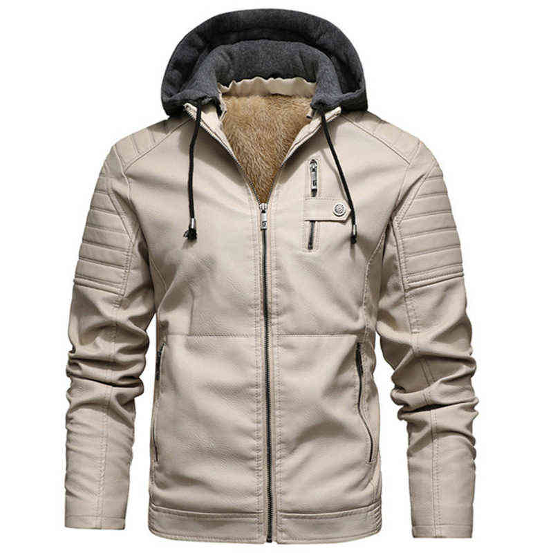 Men's Fleece Liner PU Leather Jackets Coats with Hood Autumn Winter Casual Motorcycle Jacket For Men Windbreaker Biker Jackets 211111