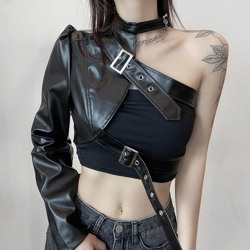 Women's Jackets Handsome Irregular Metal Buckle Hanging Neck PU Leather Unilateral Sleeve Jacket 2021 Autumn Style, Black;brown
Women's Jackets Handsome Irregular Metal Buckle Hanging Neck PU Leather Unilateral Sleeve Jacket 2021 Autumn Style, Black;brown