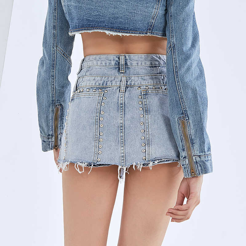 TWOTWINSTYLE Patchwork Rivet Tassel Denim Shorts For Women High Waist Sexy Wide Leg Fashion Clothing Summer 210724