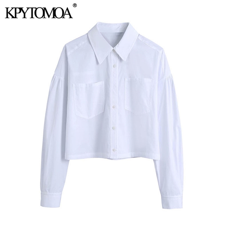 Women Fashion With Pockets Cropped White Blouses Lantern Sleeve Button-up Female Shirts Blusas Chic Tops 210420