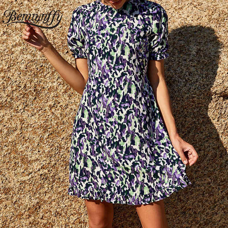 Crew Neck Frill Trim Hem Short Sleeve Dresses Women Fashion Casual Summer High Waist Female Print Mini Dress 210510