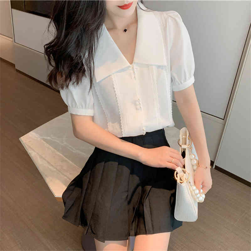 Summer Short Sleeve Chiffon Blouse Fashion V-neck Woman Shirt Solid Korean Top Puff White Women Cardigan 10292 210518