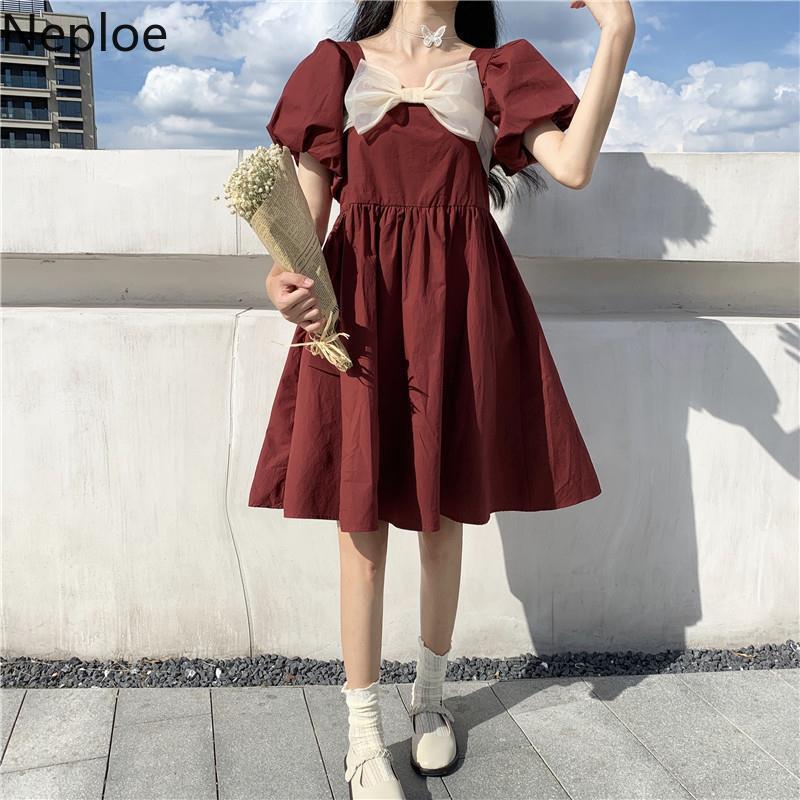 Neploe Preppy Style Women Dress Summer Square Collar Puff Sleeve Vestido Mujer Korean Fashion Bow Loose Black Dresses 94816 210422