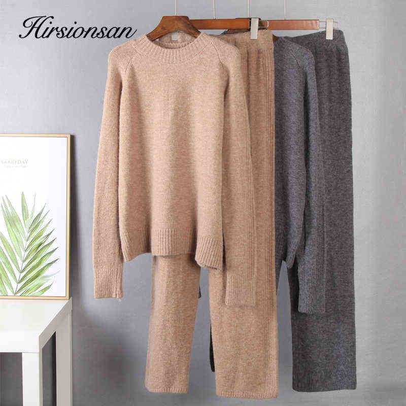 Hirsionsan Basic Two Piece Knitted Loose Pants and O Neck Sweater Women Autumn Winter Warm Sets Female Tracksuits Pullovers 211116