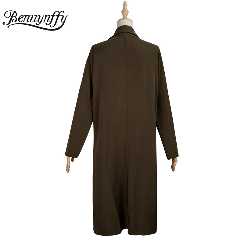 Army Green Notched Collar Single Breasted Trench Coat Women Autumn Streetwear Fashion Split Hem Long Coats Outerwear 210510