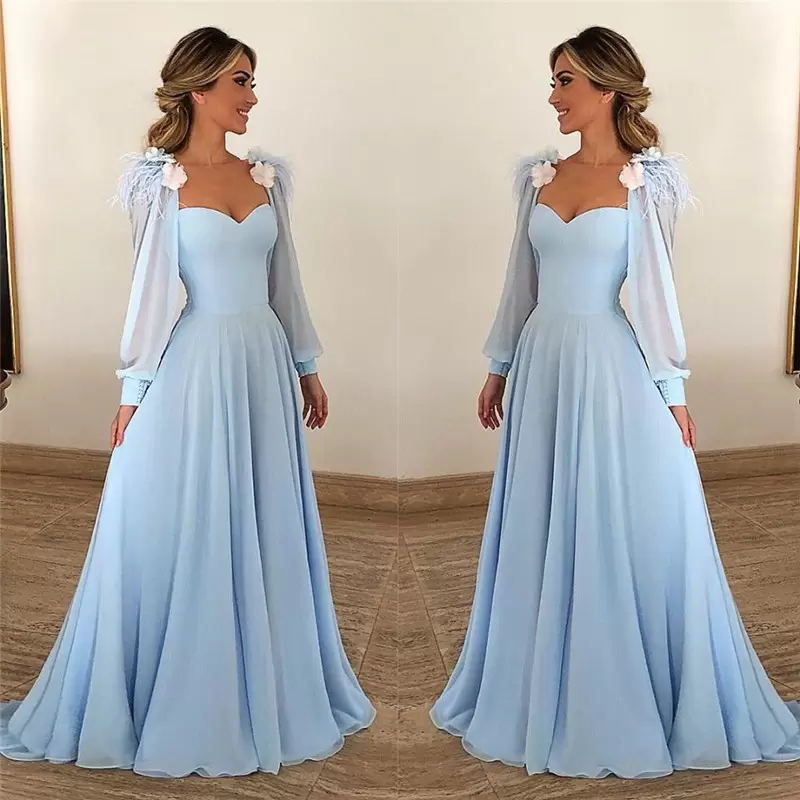 Light Sky Blue Prom Dresses Sweetheart With Feather Flowers Puff Long Sleeve Evening Gowns A-Line Elegant Formal Party Dress Vestidos De Gala 2022
