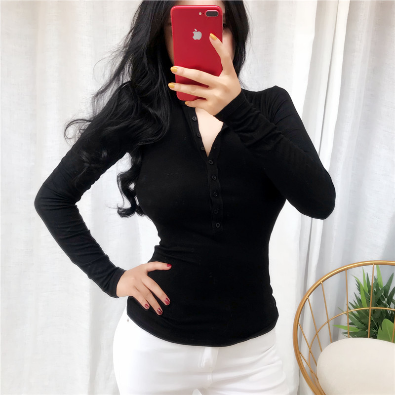 Spring Lady Black Solid red v neck sexy Slim Fit Tee Women Highstreet Casual Long Sleeve Tshirt Tops female girl t shirt 210420