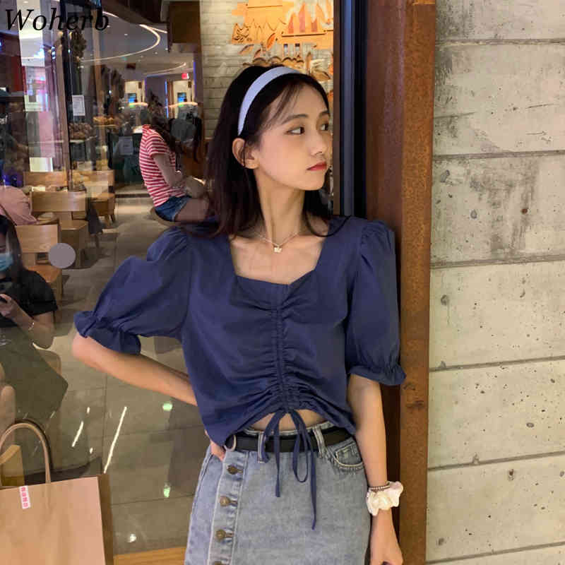 Shirt Women Chic Drawstring Fold Lace-up Sexy Blouses V Neck Short Sleeve Tops Summer Temperament Blusas Mujer 210519