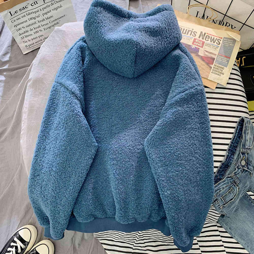 Autumn Winter Thick Warm Hoodies Coat Female Sweet Hooded Harajuku Loose Pocket Pullover Womens Fleece Flannel Sweatshirt 210428