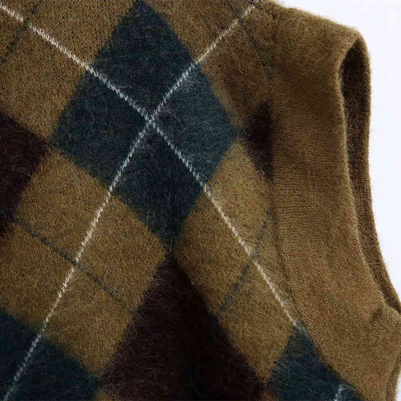 Vintage Women Loose Argyle Knitted Sleeveless Sweater Chic Ladies Autumn Soft Oversized Vest Female Casual V Neck Tops 210515