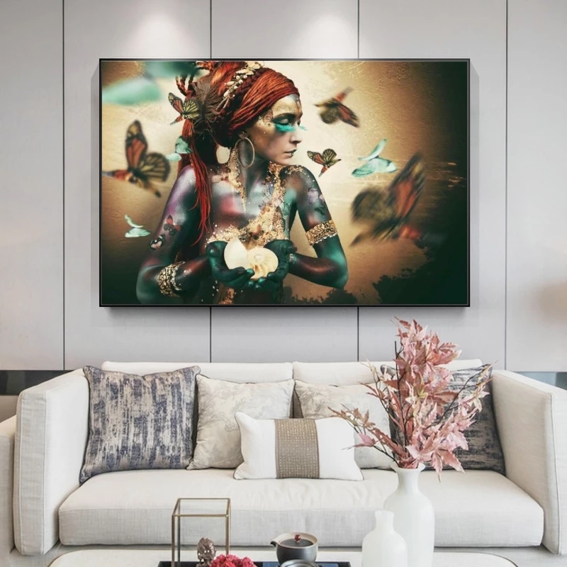 African Woman with Butterfly Canvas Paintings on the Wall Art Posters And Prints Colorful Black Girl Art Picture Home Decoration