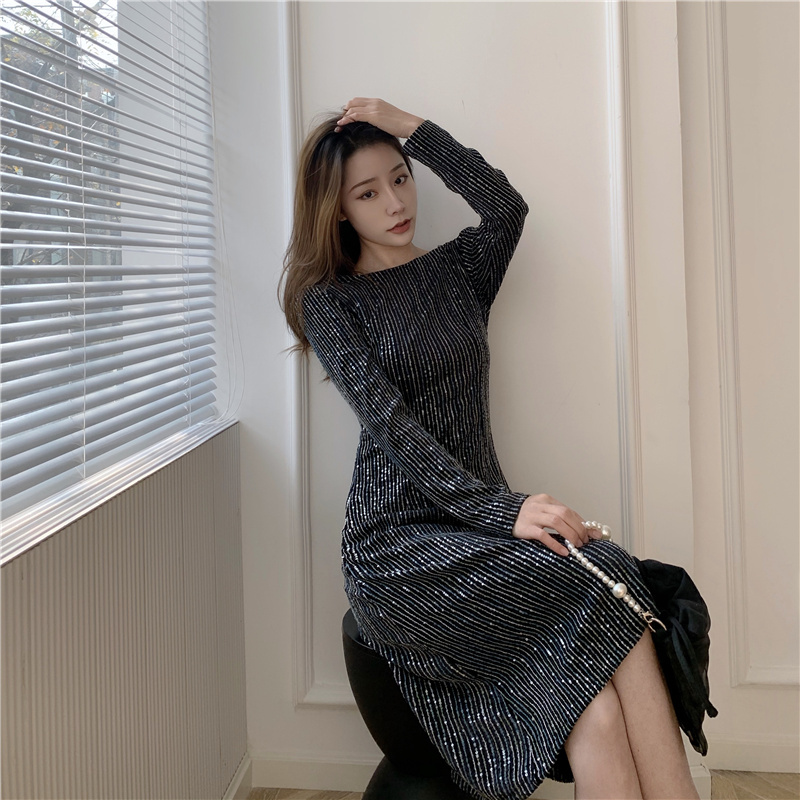 Spring Sexy Backless Bow Sequin black Party Dress For Women Elegant High Waist Slim Dresses Female Vestidoes 210519