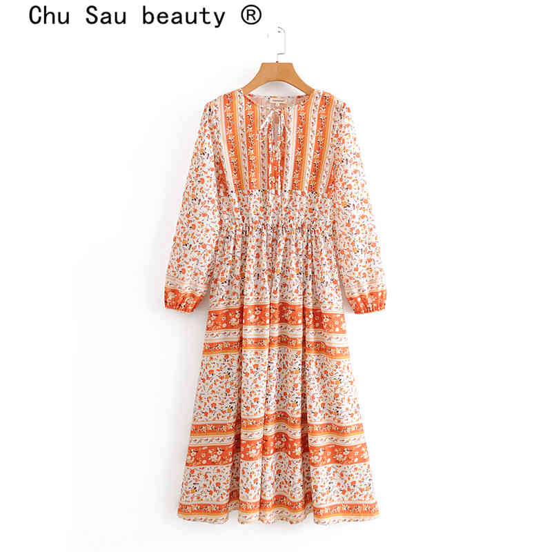 beauty Fashion Boho Floral Print Midi Dress Women Holiday Style Bow Tie O-neck Loose Dresses Female Beachwear 210514