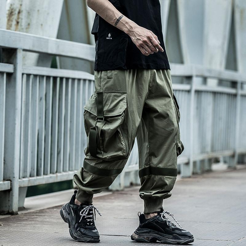 Techwear Black Ribbons Cargo Pants Men Hip Hop Tactics Harajuku Streetwear Loose Ankle-length Trousers Multi-Pocket Male Joggers Men's
