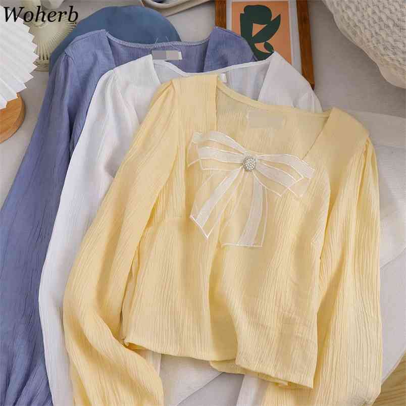 Sweet Square Collar Crop Short Tops Women Bow Beading Fashion Long Sleeve Blouse Summer Casual All Match Blusas 210519, Yellow
Sweet Square Collar Crop Short Tops Women Bow Beading Fashion Long Sleeve Blouse Summer Casual All Match Blusas 210519, Yellow