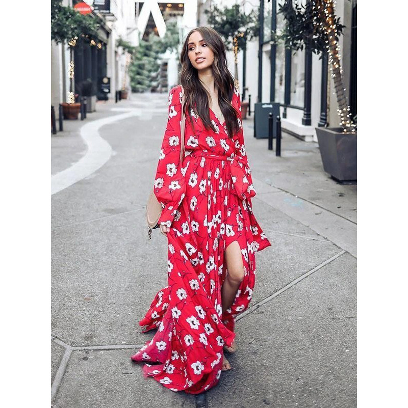 Women Dress Printed Bohemia es Sexy Long Print Floral Maxi Sleeve Lace Up Split Plus Size Summer es 210513