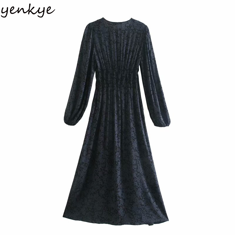 YENKYE Vintage Floral Print Long Dress Women V Neck Lantern Sleeve Slim A-line Sexy Slits Elegant Party Dress Vestido 210515