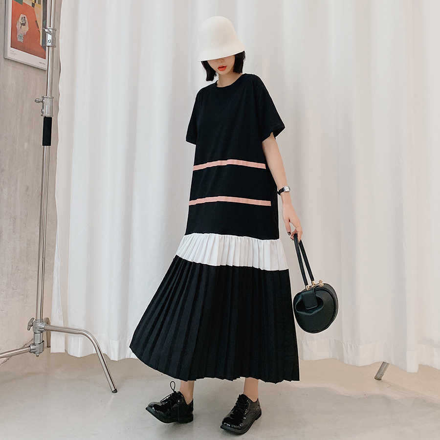 VANOVICH Korean Style Women Dress Summer 's Round Collar Casual Cotton Pleated Short Sleeve Clothing 210615