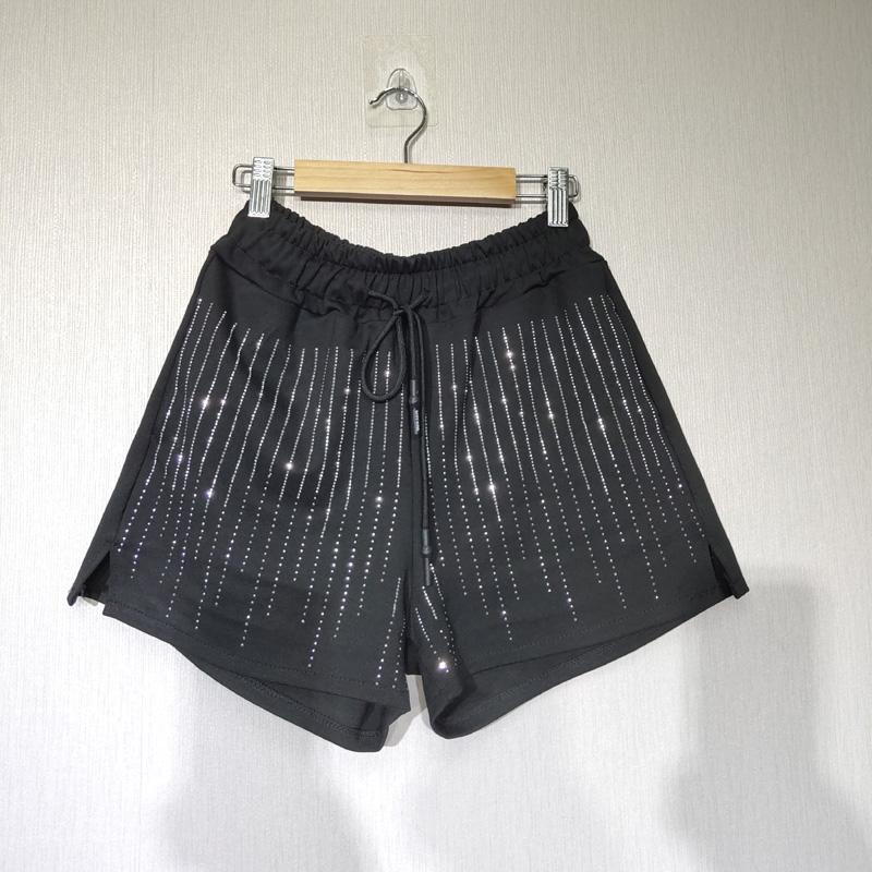 Plus Size Shorts Woman Style Spring Autumn Large Vertical Stripe Drilling Diamond Slit Elastic Waist Short Women's