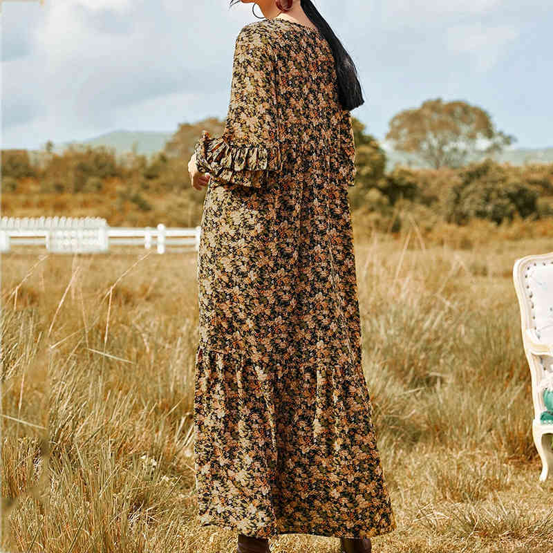 Foridol Floral Print Boho Long Maxi Dress Women V Neck Ruffle Vintage Casual Basic Winter Dresses Loose Dress 210415