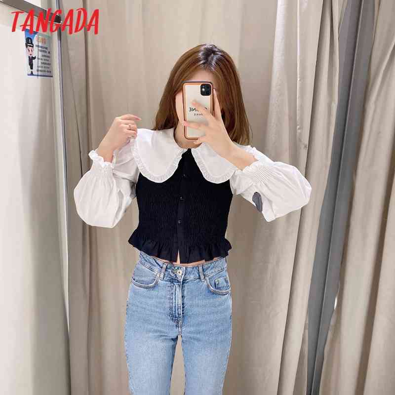 Women Peter Pan Collar Pleated Blouse Short Style Fashion Long Sleeve Shirts Female Chic Tops 3N32 210416
