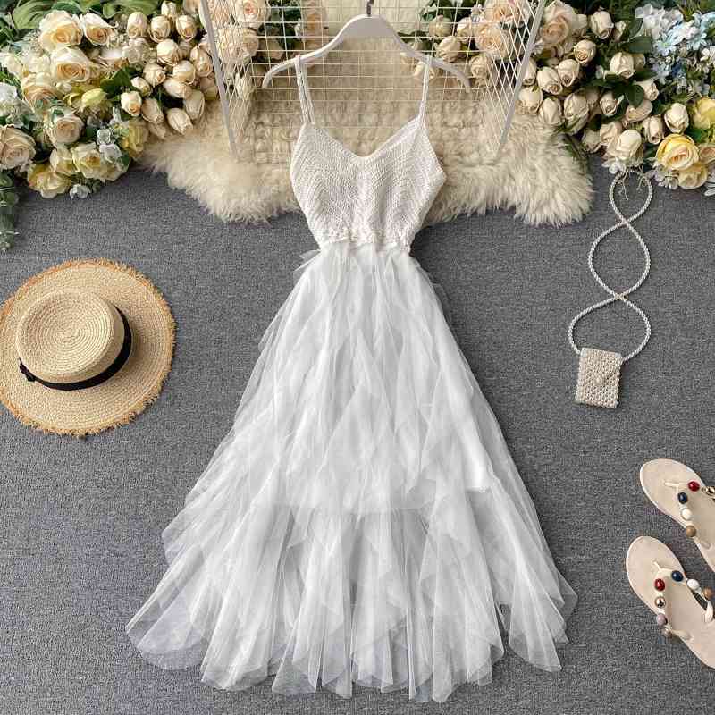Bohemian Knitted Sexy V Neck Spaghetti Strap Summer Midi Long Dress Asymmetrical Women Casual Beach Irregular Dress 210521