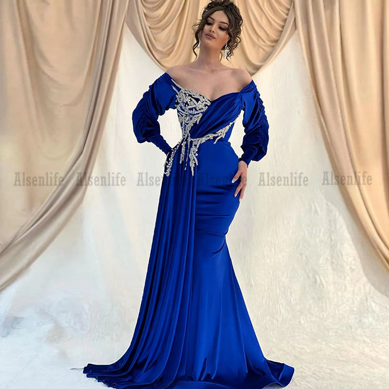 Aso Ebi Prom Dress Mermaid Off Shoulder Royal Blue Velvet Beads Evening Dresses For Women Dinner Wear robe de soirée de mariage