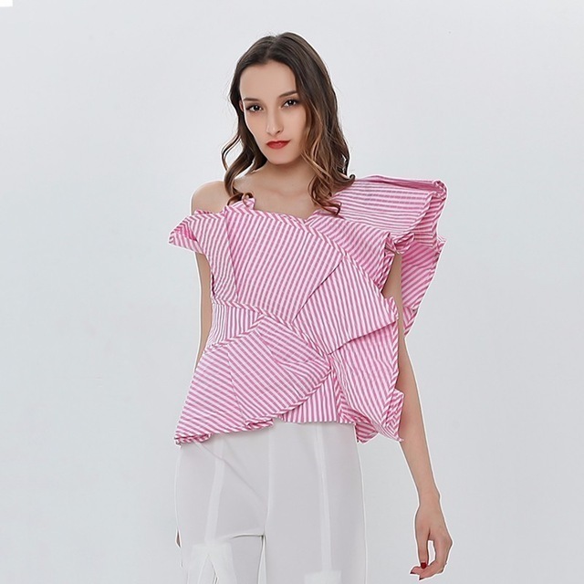 VGH Patchwork Elegant Striped Shirts For Women Skew Collar Sleeveless Off Shoulder Irregular Hem Ruffles Blouses Female Clothing 210421