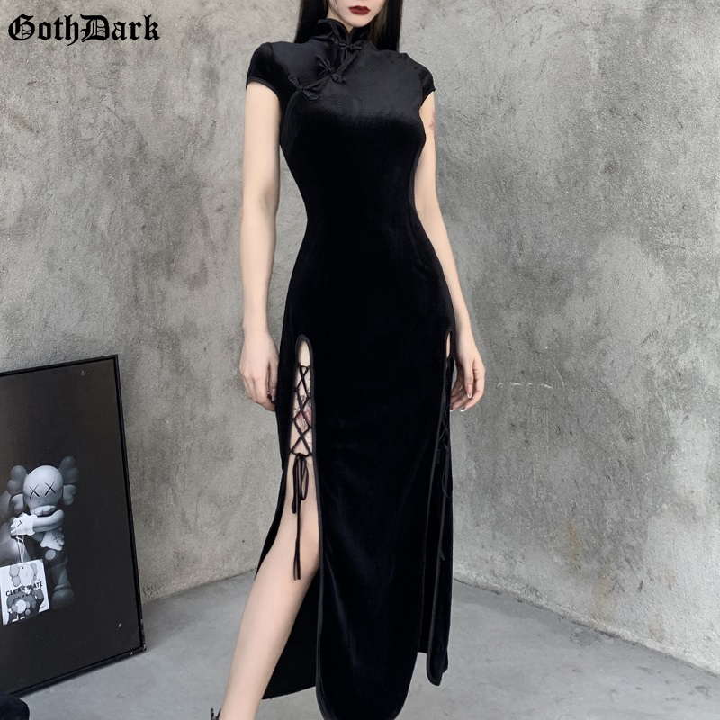 Goth Dark Romantic Gothic Velvet Aesthetic Dresses Vintage Women Black Bandage SlitHem Bodycon Dress Sexy Evening Wear Cheongsam 
Goth Dark Romantic Gothic Velvet Aesthetic Dresses Vintage Women Black Bandage SlitHem Bodycon Dress Sexy Evening Wear Cheongsam
