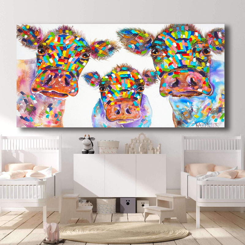 Cartoon Watercolor Canvas Painting Cow Family Wall Art Poster Prints Decorative Animal Picture Children Room Home Decor Unframed