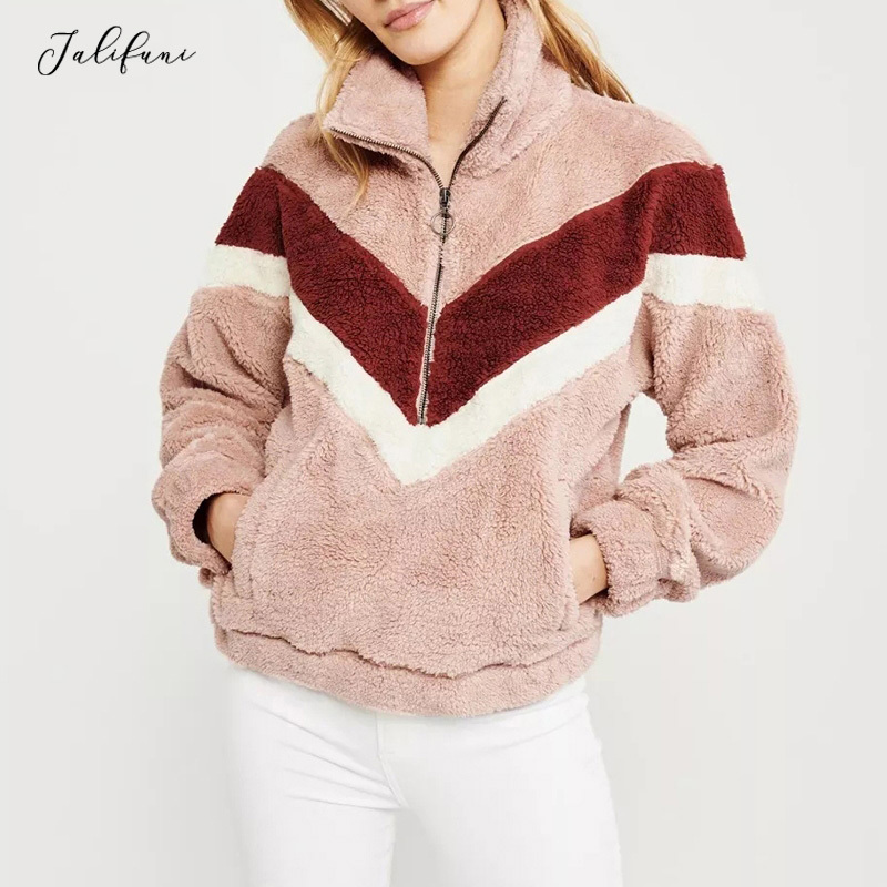 Autumn Winter Women Teddy Hoodie Sweatshirt Long Sleeve Zipper Patchwork Hoodies Warm Fleece Casual Sweatshirts 210415