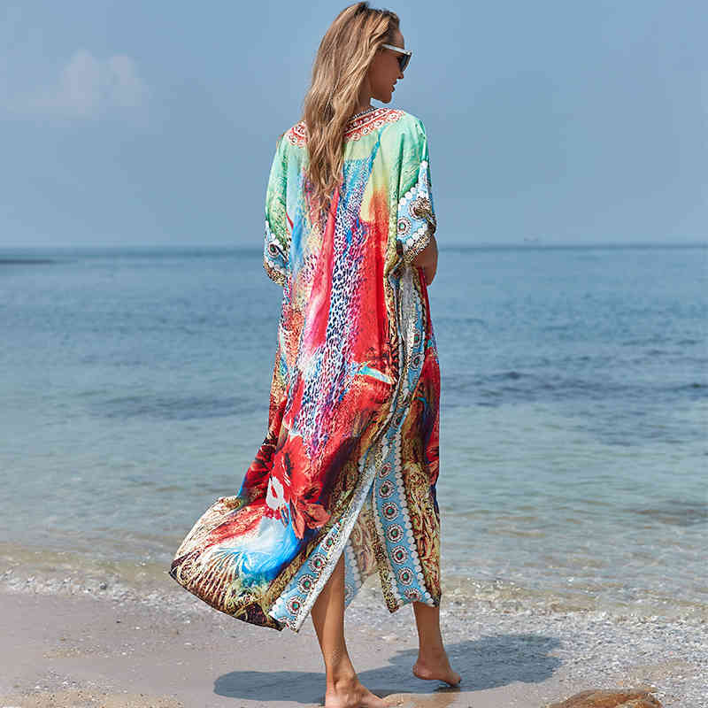 Long Polyester Beach Cover up Bathing suit for Women Pareo Swim Saida De Praia Robe Plage Dress Q1186 210420