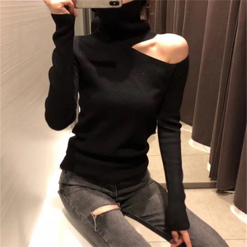 Sexy Knitted Sweater Off Shoulder Pullovers for Women Long Sleeve Turtleneck Female Jumper Black White Clothing 211011Z