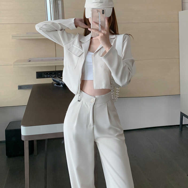 vetement femme Casual Two Piece Set Women Crop Top Vintage Blazers Coat & Pants Suits 2 piece sets outfits clothing 210930
