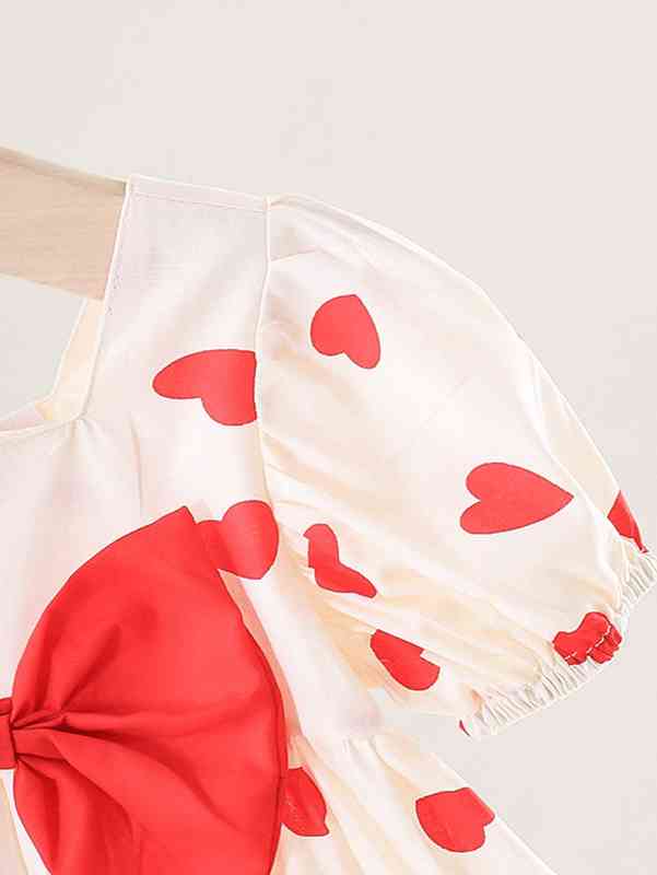 Baby Heart Print Puff Sleeve Bow Front Dress SHE