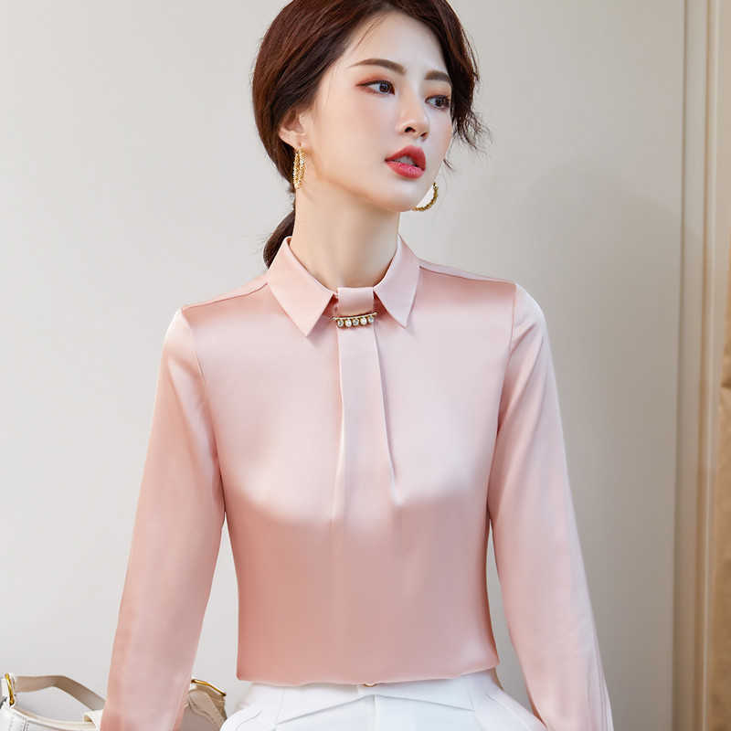 Pink Silk Shirt Women Autumn Temperament Fashion Chiffon Long Sleeve Blouses Office Ladies Formal Work Tops 210604
