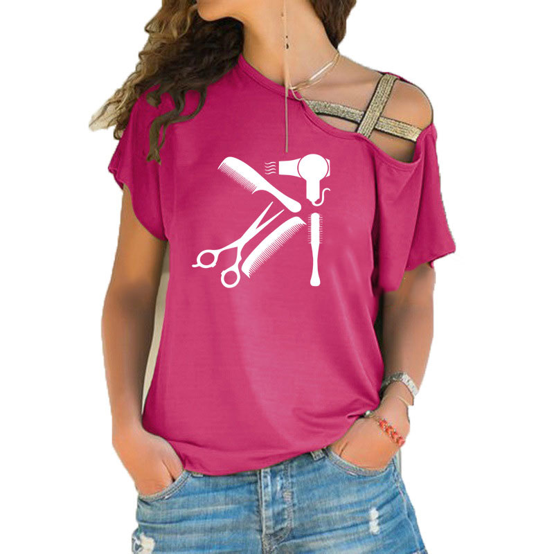 New Art Hair salon Tee Shirt Hairstyle Barber Shirt funny women tumblr fashion new Irregular Skew Cross Bandage style tee tops 210406
